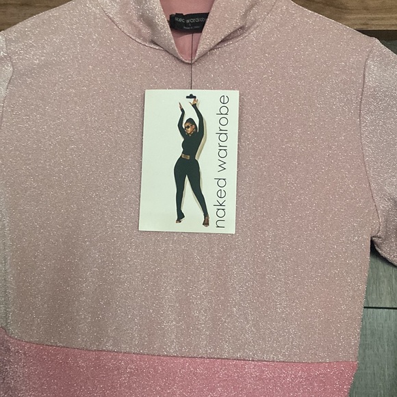 NAKED WARDROBE On The Glow Pink Glitter Mock Neck Crop Top - Picture 5 of 6